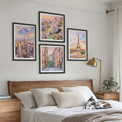 Moderní sada obrazů New York Paříž Oia Varšava soumrak