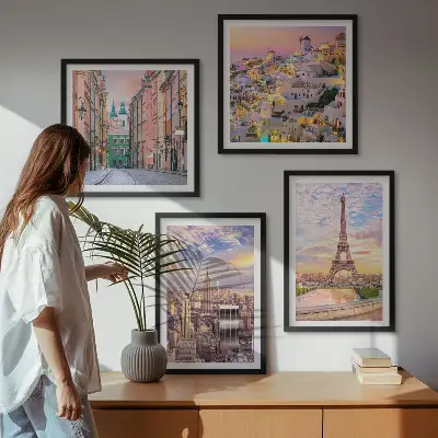 Moderní sada obrazů s motivem měst New York, Paříž, Oia a Varšava za soumraku
