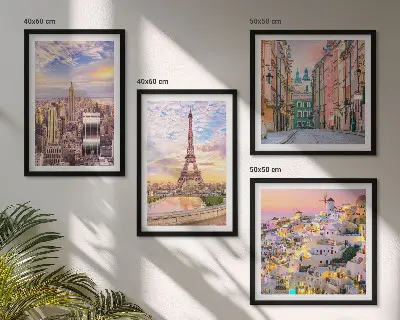 Moderní sada obrazů s motivem měst New York, Paříž, Oia a Varšava za soumraku