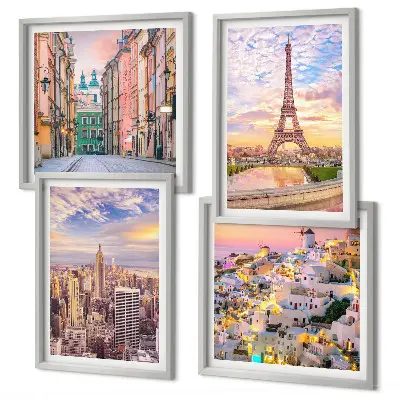 Moderní sada obrazů s motivem měst New York, Paříž, Oia a Varšava za soumraku