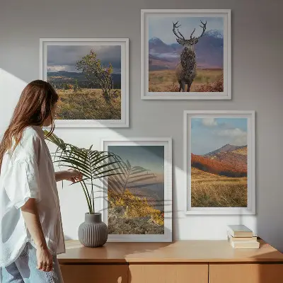 Moderní sada obrazů horská krajina s jelenem a trávou