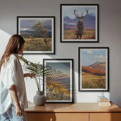 Moderní sada obrazů horská krajina s jelenem a trávou