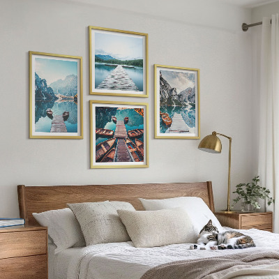 Moderní sada obrazů Dřevěná mola u jezera, lodě