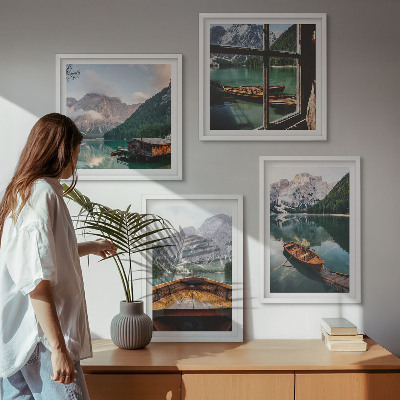 Moderní sada obrazů Jezero, hory, lodě, chata, okno