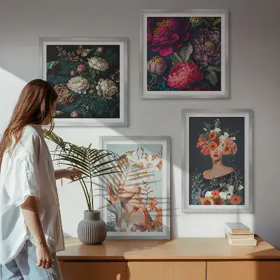 Moderní sada obrazů květinové portréty s kyticemi a listy