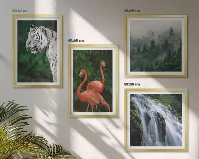 Moderní sada obrazů s motivem tygra, vodopádu, plameňáků a přírody