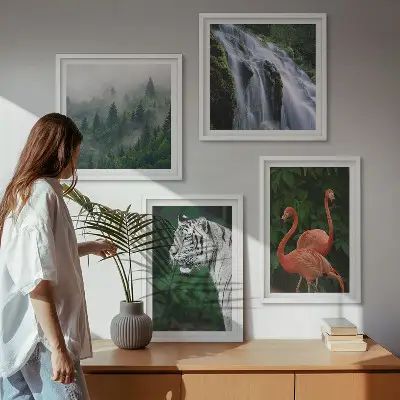 Moderní sada obrazů s motivem tygra, vodopádu, plameňáků a přírody
