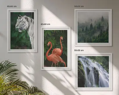 Moderní sada obrazů s motivem tygra, vodopádu, plameňáků a přírody