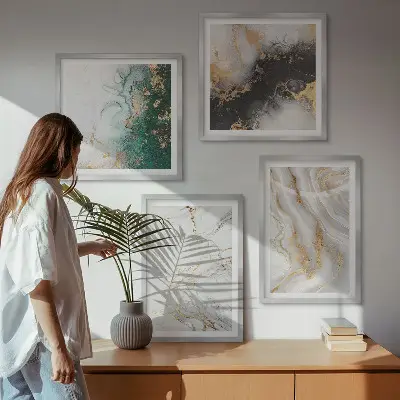 Dekorativní sada obrazů abstraktní vzory v bílé, černé a zelené barvě