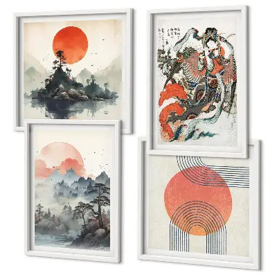 Dekorativní sada obrazů asijské krajiny ve stylu japandi