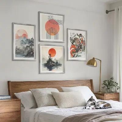 Dekorativní sada obrazů asijské krajiny ve stylu japandi