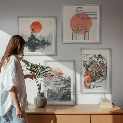 Dekorativní sada obrazů asijské krajiny ve stylu japandi