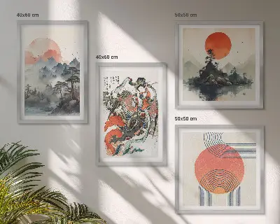 Dekorativní sada obrazů asijské krajiny ve stylu japandi
