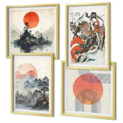 Dekorativní sada obrazů asijské krajiny ve stylu japandi