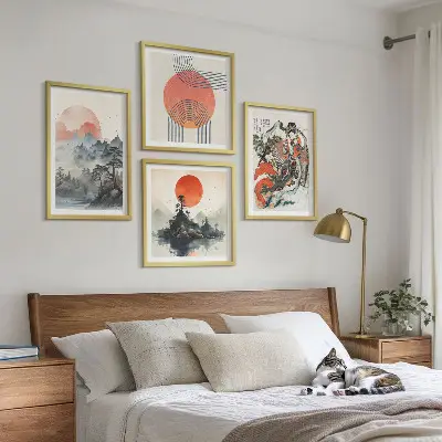 Dekorativní sada obrazů asijské krajiny ve stylu japandi