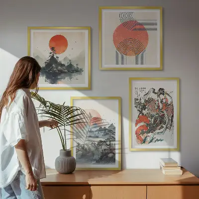 Dekorativní sada obrazů asijské krajiny ve stylu japandi