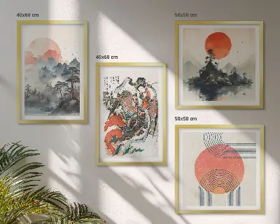 Dekorativní sada obrazů asijské krajiny ve stylu japandi