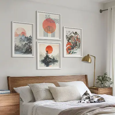 Dekorativní sada obrazů asijské krajiny ve stylu japandi
