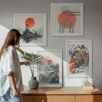 Dekorativní sada obrazů asijské krajiny ve stylu japandi