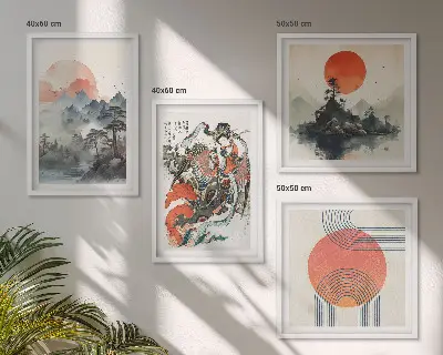 Dekorativní sada obrazů asijské krajiny ve stylu japandi