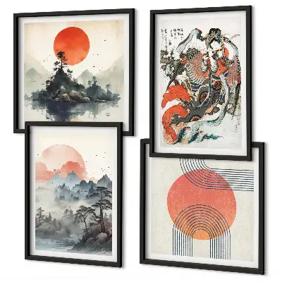 Dekorativní sada obrazů asijské krajiny ve stylu japandi