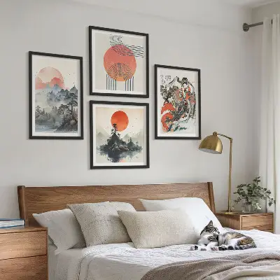 Dekorativní sada obrazů asijské krajiny ve stylu japandi