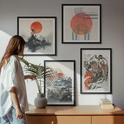 Dekorativní sada obrazů asijské krajiny ve stylu japandi