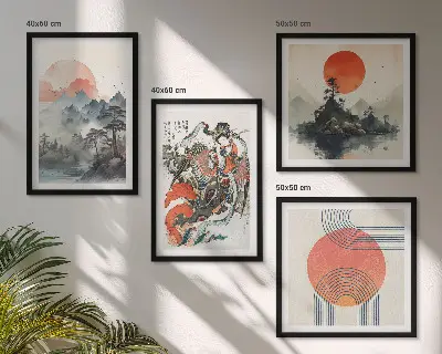 Dekorativní sada obrazů asijské krajiny ve stylu japandi