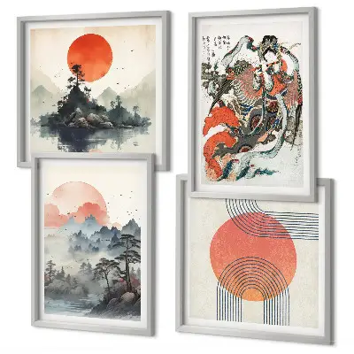 Dekorativní sada obrazů asijské krajiny ve stylu japandi