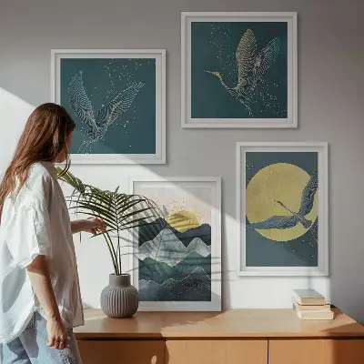 Dekorativní sada obrazů s motivem jeřábů, měsíce a hor