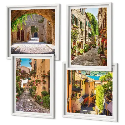 Moderní sada obrazů italské ulice s květinami a architekturou