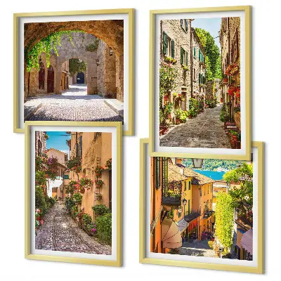 Moderní sada obrazů italské ulice s květinami a architekturou