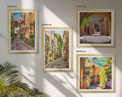 Moderní sada obrazů italské ulice s květinami a architekturou