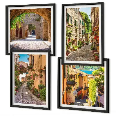 Moderní sada obrazů italské ulice s květinami a architekturou