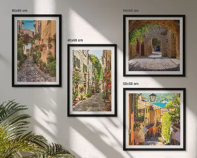 Moderní sada obrazů italské ulice s květinami a architekturou