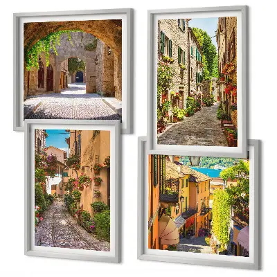 Moderní sada obrazů italské ulice s květinami a architekturou