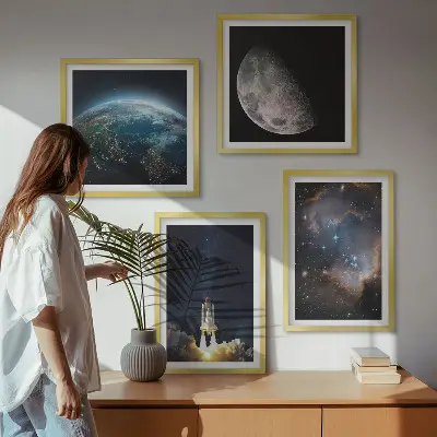 Dekorativní sada obrazů vesmír se Zemí, raketou a galaxií