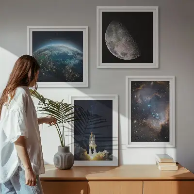 Dekorativní sada obrazů vesmír se Zemí, raketou a galaxií