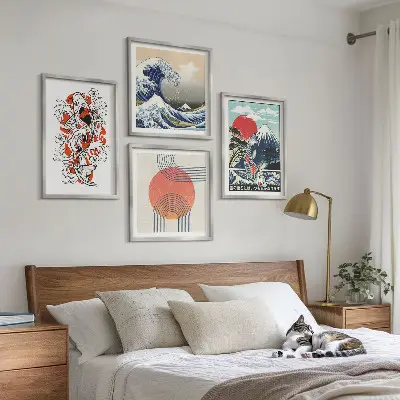 Sada obrazů Ilustrace japonských hor a vln moderní sada obrazů