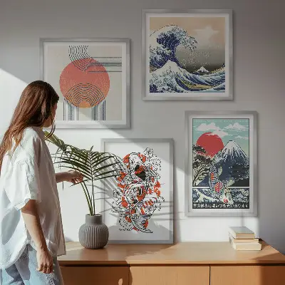Sada obrazů Ilustrace japonských hor a vln moderní sada obrazů
