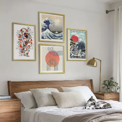 Sada obrazů Ilustrace japonských hor a vln moderní sada obrazů