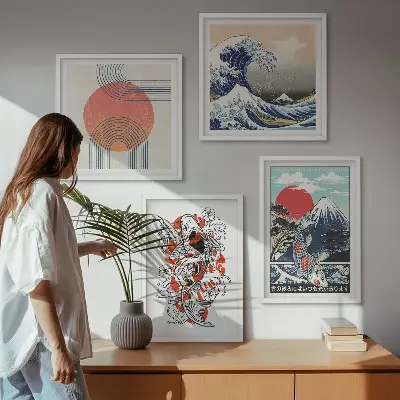 Sada obrazů Ilustrace japonských hor a vln moderní sada obrazů