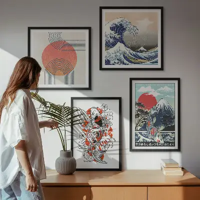 Sada obrazů Ilustrace japonských hor a vln moderní sada obrazů