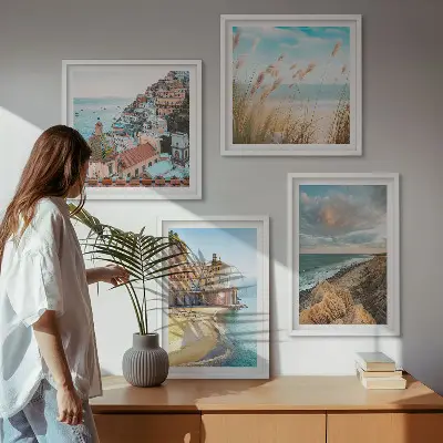 Moderní sada obrazů krajiny s motivem pláže, města a útesů