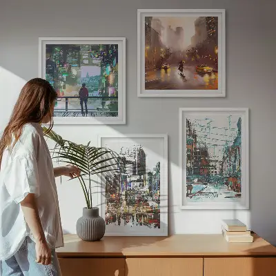 Dekorativní sada obrazů moderní barevná města s postavami