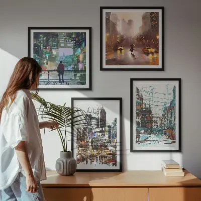 Dekorativní sada obrazů moderní barevná města s postavami