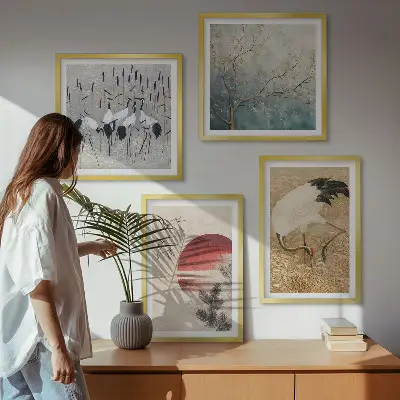 Moderní sada obrazů s motivem japonských jeřábů v krajině