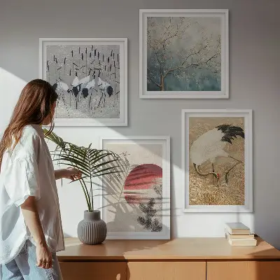 Moderní sada obrazů s motivem japonských jeřábů v krajině
