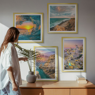 Moderní sada obrazů Mořské vlny bílé domy Santorini