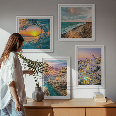 Moderní sada obrazů Mořské vlny bílé domy Santorini